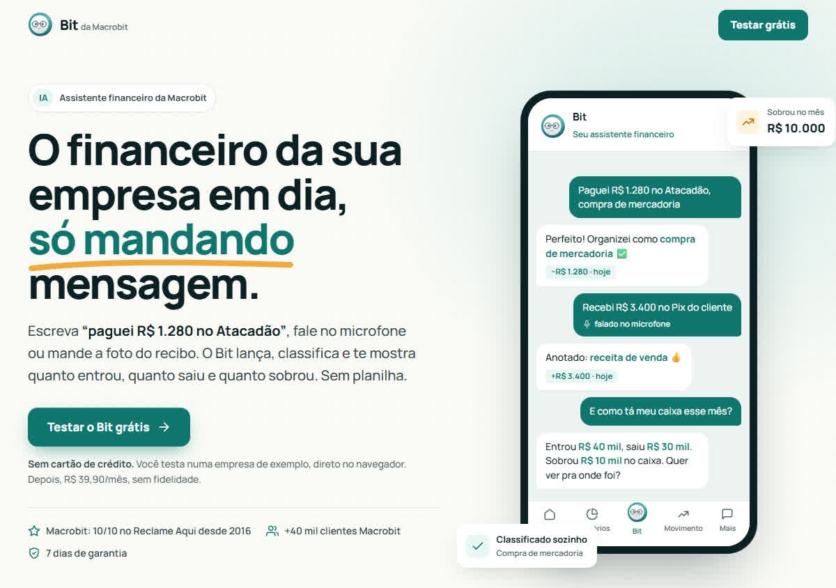 Página inicial do Bit, assistente financeiro da Macrobit