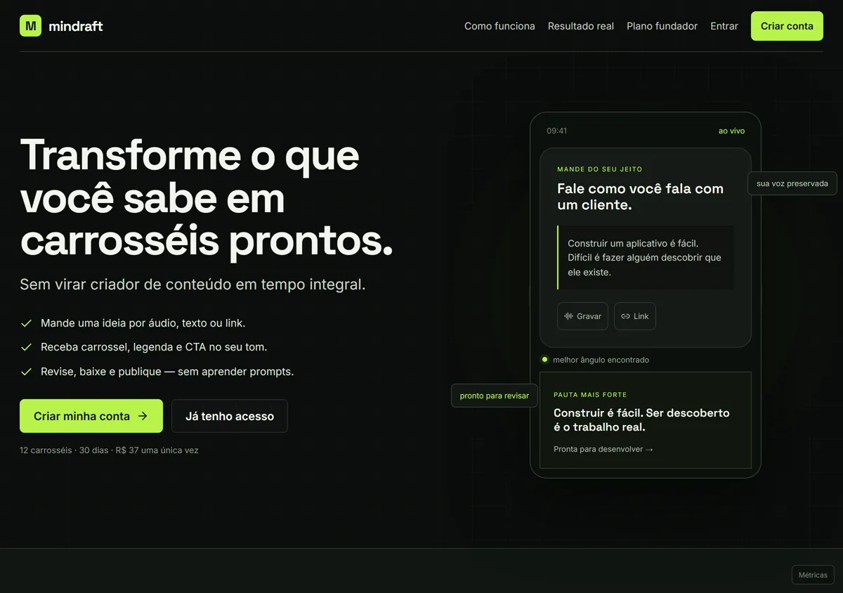 Página inicial do Mindraft, que transforma ideia em carrossel