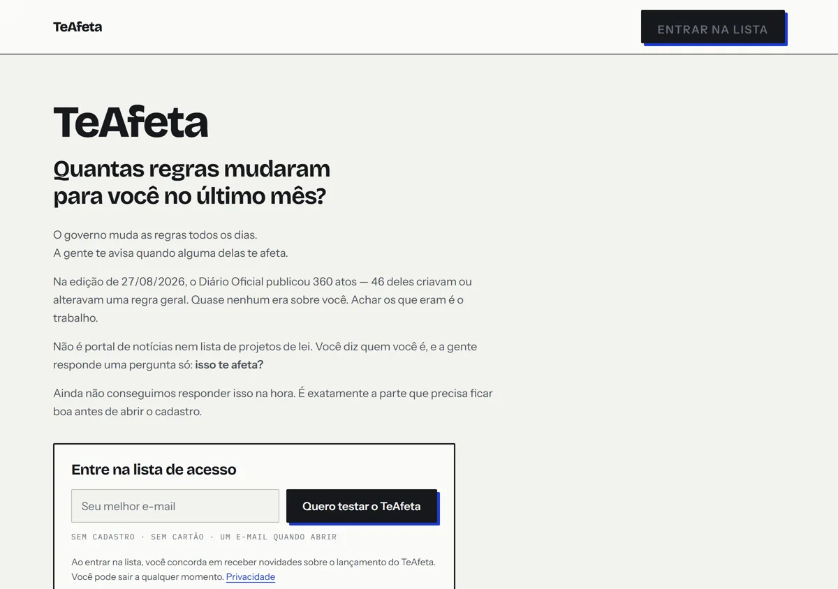 Página do TeAfeta, que avisa quando uma regra do governo afeta você