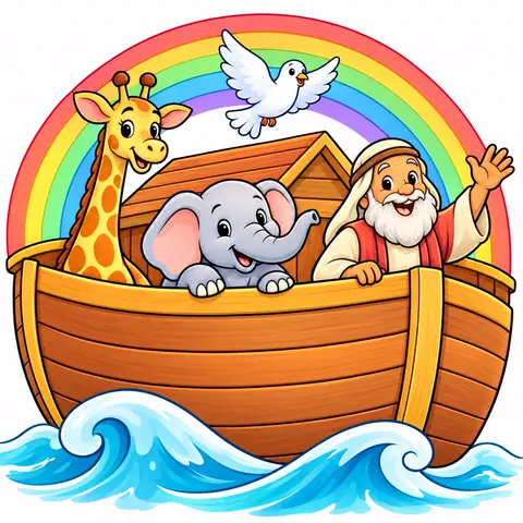 Desenho do app: Noé acenando na arca com a girafa, o elefante e a pomba, debaixo do arco-íris