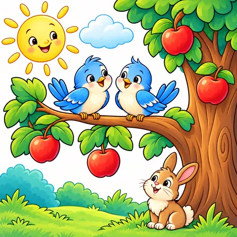 Desenho do app: dois passarinhos azuis num galho de macieira, um coelho na grama e o sol sorrindo