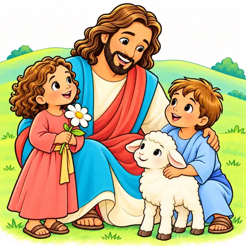 Desenho do app: Jesus sentado na grama com duas crianças e um carneirinho