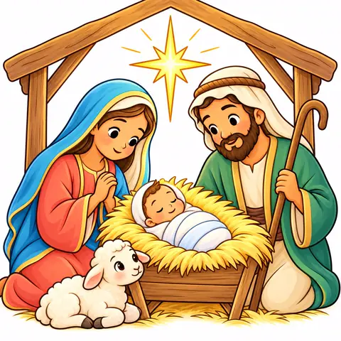 Desenho do app: Maria e José olhando o menino Jesus na manjedoura, com a estrela e um carneirinho