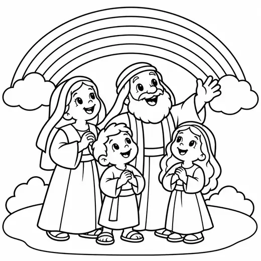 Página do kit para colorir: Noé e a família debaixo do arco-íris, só com o contorno