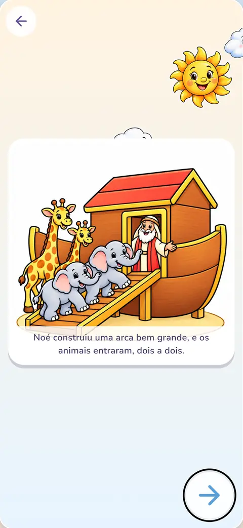 Página de livrinho narrado: os animais entram na arca, dois a dois
