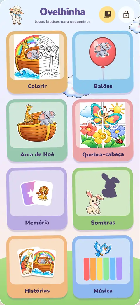 Tela inicial do app com os oito botões: Colorir, Balões, Arca de Noé, Quebra-cabeça, Memória, Sombras, Histórias e Música