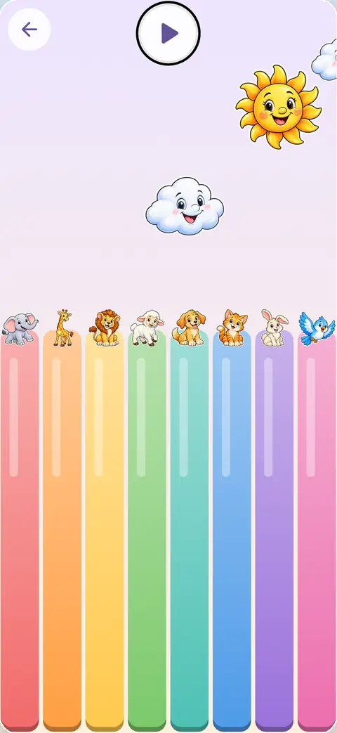 Piano dos bichinhos: oito teclas coloridas, cada uma com um animal